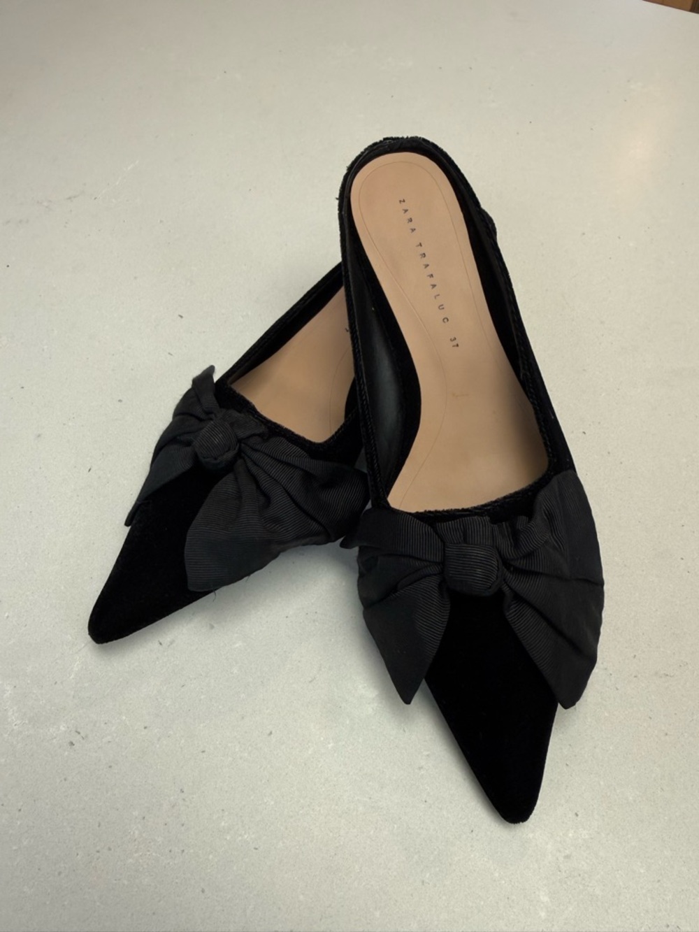 Zara Black Pointed Bow Mule Flats with Grosgrain Bow